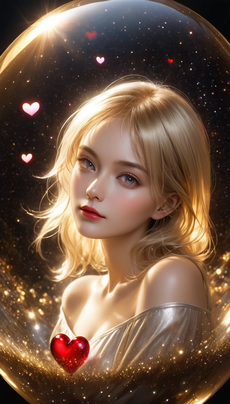 In a golden transparent glass bubble, Dark Star Background, Beautiful blonde 30 year old angel with a red heart, k resolution super detailed