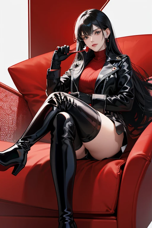 A mature woman with long black hair and bangs, wearing red patent leather gloves, a black leather jacket, black patent leather leggings, and red patent leather knee-high boots.