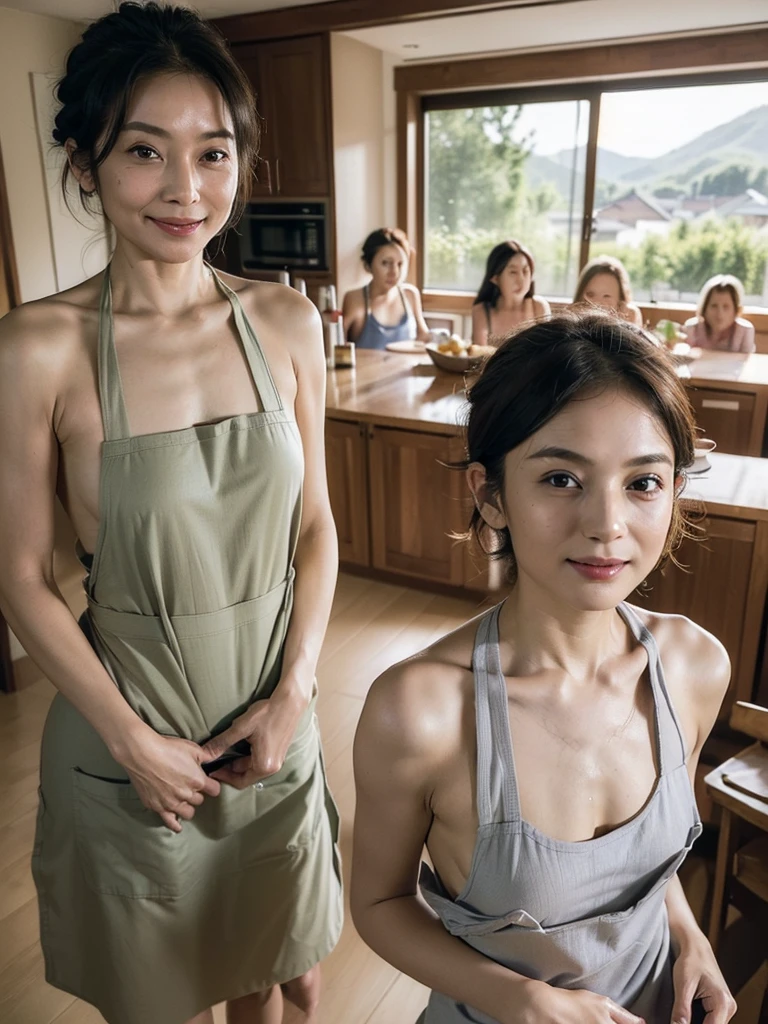 (masterpiece:1.4),(Five women aged 66:1.5),(facial wrinkles 1.2), (Hair tied up : 1), maternal, Are thin、slim、Small breasts、Too small breasts、 (非常にSmall breasts:1.5), (Small breasts:1.5),Saggy breasts、Mature Woman, (Naked and wearing an apron : 1.3), Hair sticking out of the bikini、kitchen、smile