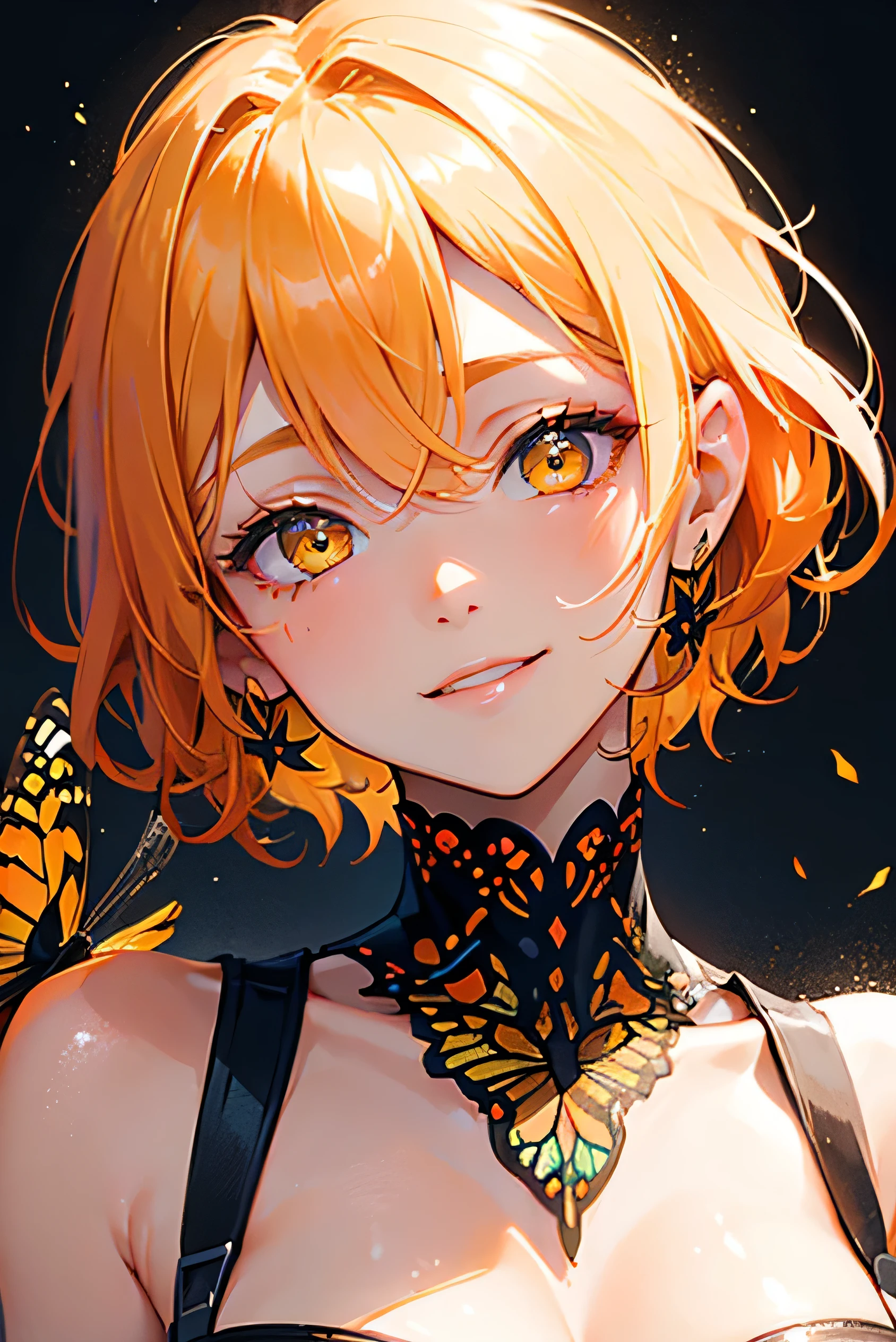 Beautiful adult woman、((Orange short hair))(Yellow Eyes))、Strong smile、Face close-up、A swallowtail butterfly flutters