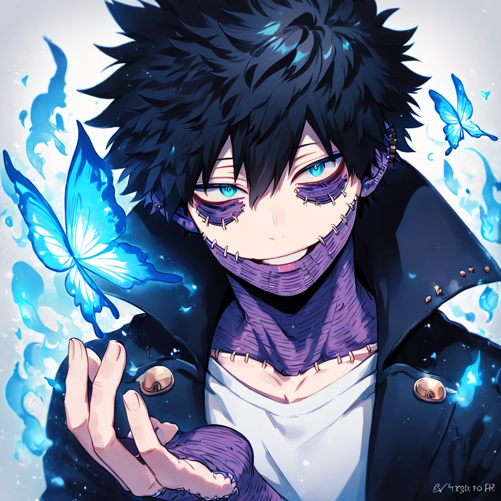 absurdres, highres, ultra detailed, HDR, master piece, best quality, extremely detailed face, delicated features, Dabi, black hair, expressive turquoise eyes, Boku No Hero Academia, solo, sexy man, handsome, black coat, white T-shirt, fantasy, magical, blue fire butterflies, fire flowers, blue fire, blue flames, blue flames in the background