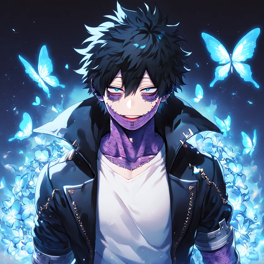 absurdres, highres, ultra detailed, HDR, master piece, best quality, extremely detailed face, delicated features, Dabi, black hair, expressive turquoise eyes, Boku No Hero Academia, solo, sexy man, handsome, black coat, white T-shirt, fantasy, magical, blue fire butterflies, fire flowers, blue fire, blue flames, blue flames in the background