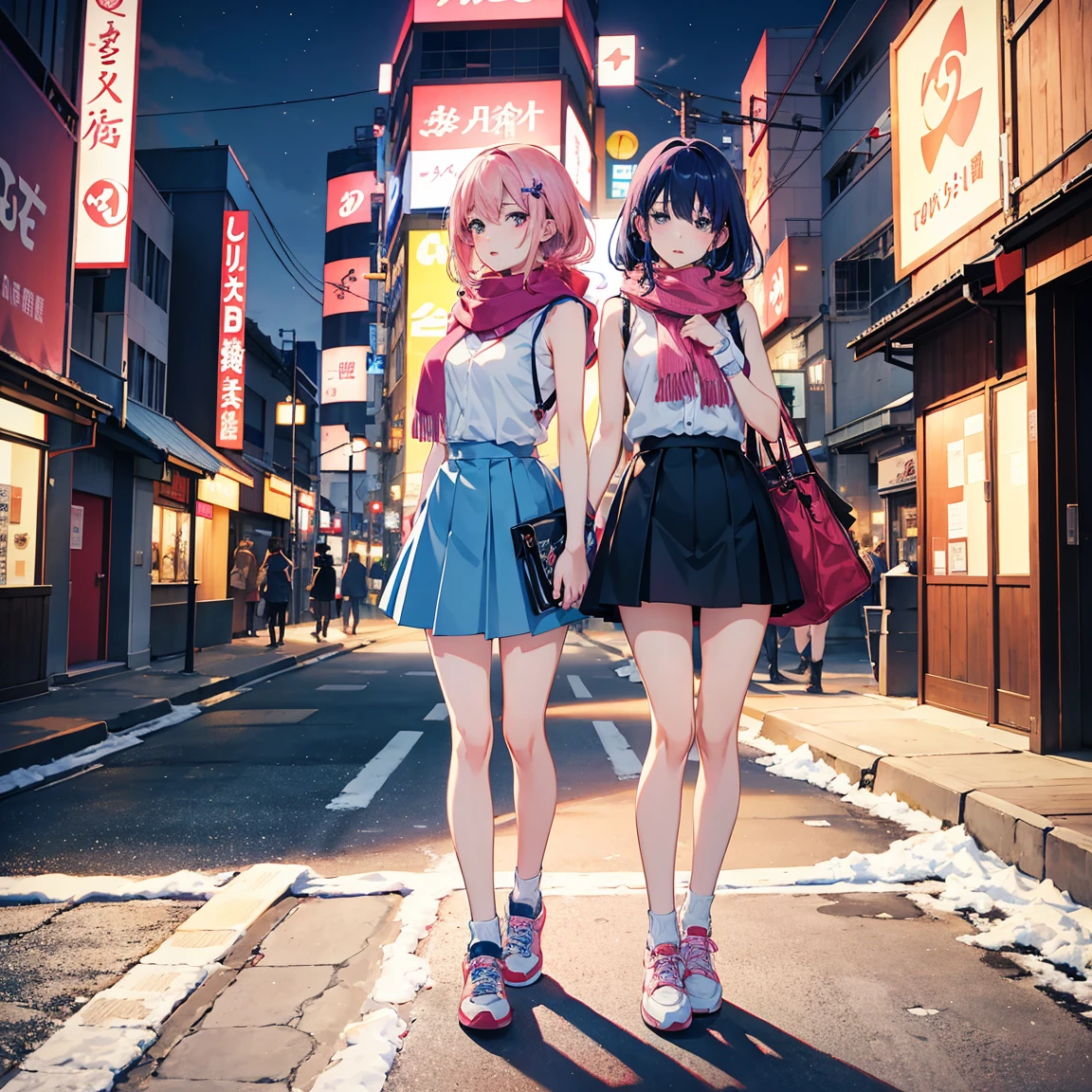 
Anime girl aged 25+, Japanese style, sad about her beautiful face. Sparkling blue eyes Beautiful long dark pink hair Wear sneakers and a sleeveless shirt while standing in the middle of the city. Busy street, wearing a scarf, pretty fingers, pink lips The sky is full of snow at night Sharp images at Full HD 8K level, sharp details, beautiful images.