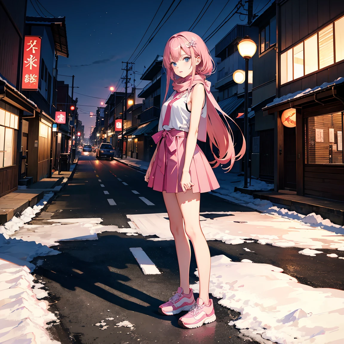 Anime girl aged 25+, Japanese style, sad about her beautiful face. Sparkling blue eyes Beautiful long dark pink hair Wear sneakers and a sleeveless shirt while standing in the middle of the city. Busy street, wearing a scarf, pretty fingers, pink lips The sky is full of snow at night Sharp images at Full HD 8K level, sharp details, beautiful images.