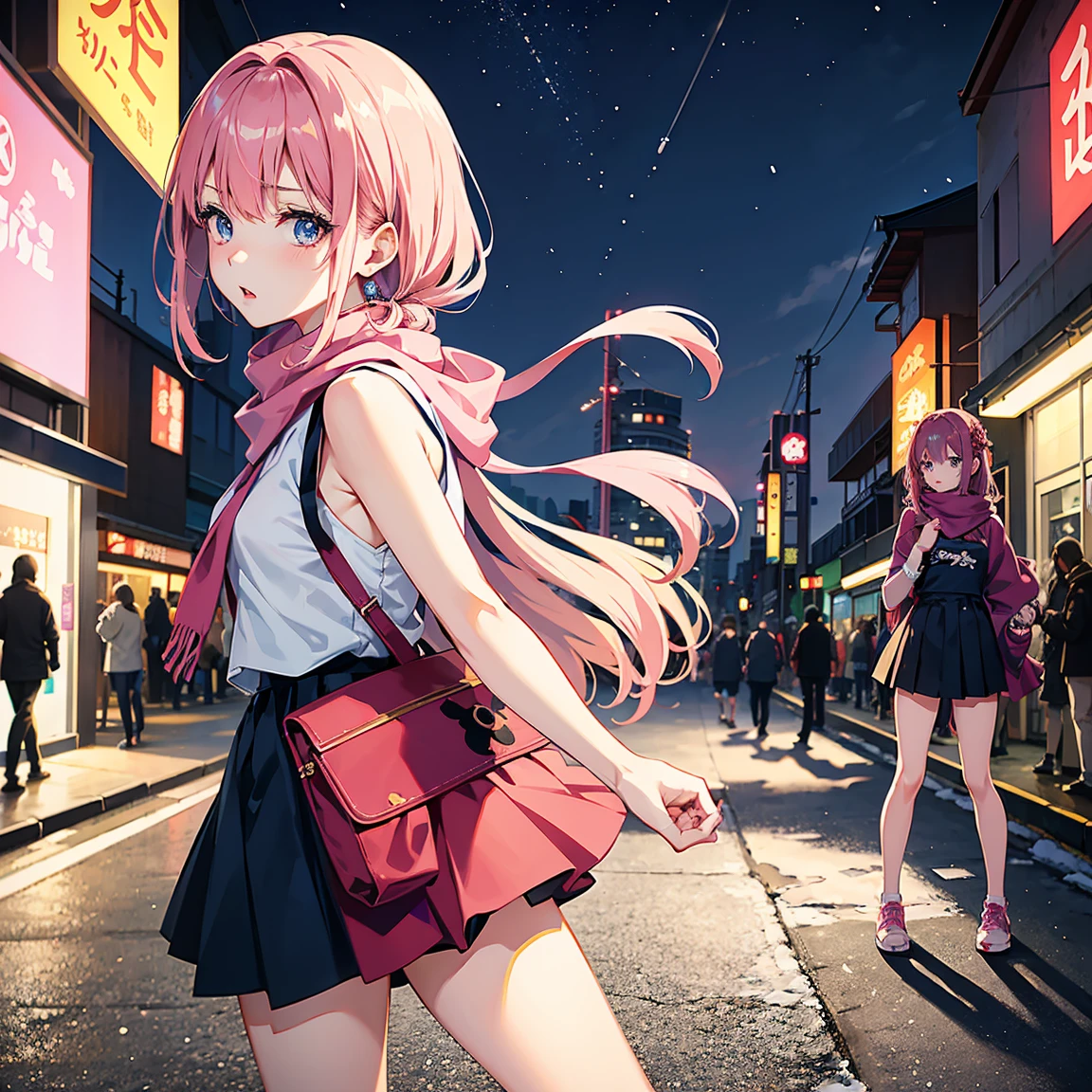 Anime girl aged 25+, Japanese style, sad about her beautiful face. Sparkling blue eyes Beautiful long dark pink hair Wear sneakers and a sleeveless shirt while standing in the middle of the city. Busy street, wearing a scarf, pretty fingers, pink lips The sky is full of snow at night Sharp images at Full HD 8K level, sharp details, beautiful images.