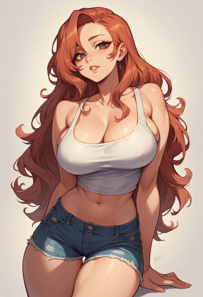 (Real, High resolution:1.3), One girl with a perfect body, Very beautiful face and eyes,Long Hair, Random color tank top:1.2, Short jeans, Big Breasts,Exposing cleavage