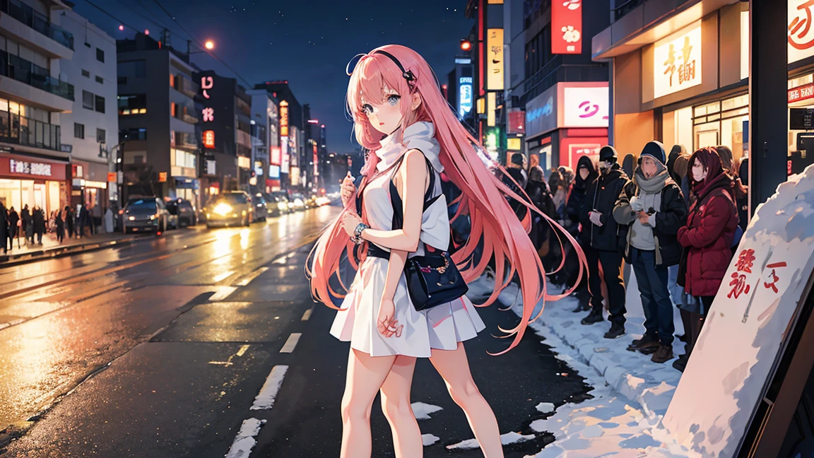 
Anime girl aged 25+, Japanese style, sad about her beautiful face. Sparkling blue eyes Beautiful long dark pink hair Wear sneakers and a sleeveless shirt while standing in the middle of the city. Busy street, wearing a scarf, pretty fingers, pink lips The sky is full of snow at night Sharp images at Full HD 8K level, sharp details, beautiful images.