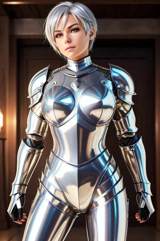 Perfect Anatomy　Highest quality,Perfect Anatomy　Highest quality,Highest Resolution,(((Metallic shiny armor)))　woman　knight　Silver Hair　Short Hair