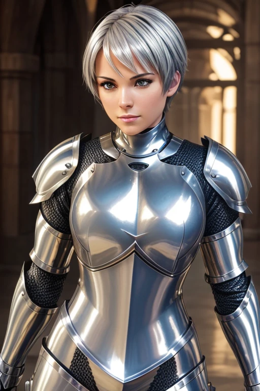 Perfect Anatomy　Highest quality,Perfect Anatomy　Highest quality,Highest Resolution,(((Metallic shiny armor)))　woman　knight　Silver Hair　Short Hair