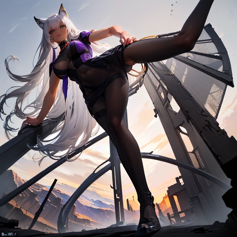 (8k, Realistic, RAW Photos, Highest quality, (from below:2), View your viewers: 1.3), (Fox Girl, Fox Ears, Silver Hair, One Girl, Long Hair, (Alone on the screen, dark skin), High definition:1.6), (Purple clothes, Outfit black see through dress:1.8), (Body measurements are 99-55-77!, Nice body, Big Breasts, slender, muscle, (Stand with your legs apart, I can see the valley, bent over):1.9),(美しいface, Delicate drawing, It is written down in detail), Avatar, face, 色っぽいface, Dominant representation, naughty face, Uplifting, Skin Texture, outside, ruins, Ruined City, Broken Building, There are no people