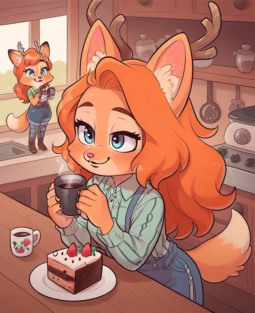 little fox, kid girl fox, little kid, ginger fur, long hair, ginger hair, blue eyes, dusty-pink nose, fox tail, fox ears, face similar of Diane Foxington, kid, cute, wearing a pink pijama, cute pijama, yellow wings, deer antlers, on the kitchen, siting on chair in front of a table, a plate with strawberry cake, holding a cup with coffee, chibi, alone, ginger hair, tied hair, smile, sleepy, cartoon, toon, chibi, cute girl, alone