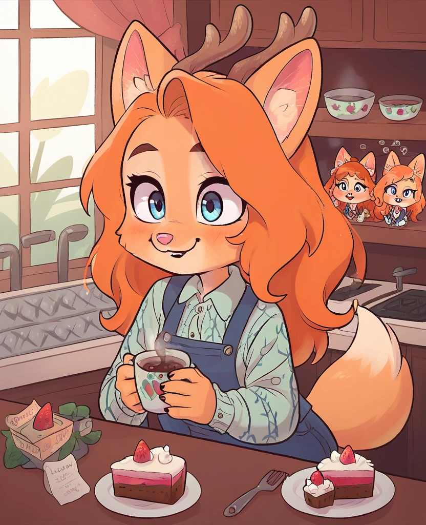 little fox, kid girl fox, little kid, ginger fur, long hair, ginger hair, blue eyes, dusty-pink nose, fox tail, fox ears, face similar of Diane Foxington, kid, cute, wearing a pink pijama, cute pijama, yellow wings, deer antlers, on the kitchen, siting on chair in front of a table, a plate with strawberry cake, holding a cup with coffee, chibi, alone, ginger hair, tied hair, smile, sleepy, cartoon, toon, chibi, cute girl, alone