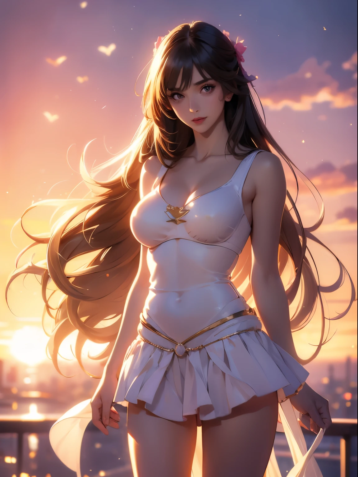 ((masterpiece)),((best quality)),((High detail)),((Realistic,)), 1 shy girl, sensual expression, elegant makeup, long brown hair, seductive eyes, bright lips, sexy pose, (beautiful detailed face: 1.0), smiling, feminine approach, tank top, tight t-shirt, big breasts, pointed breasts, (perfect body), prominent nipples, bare abdomen, pink mini-skirt, skirt lifted by the wind, panties under the skirt, white panties, standing and watching the sky, sunset in the city, tight clothes,
