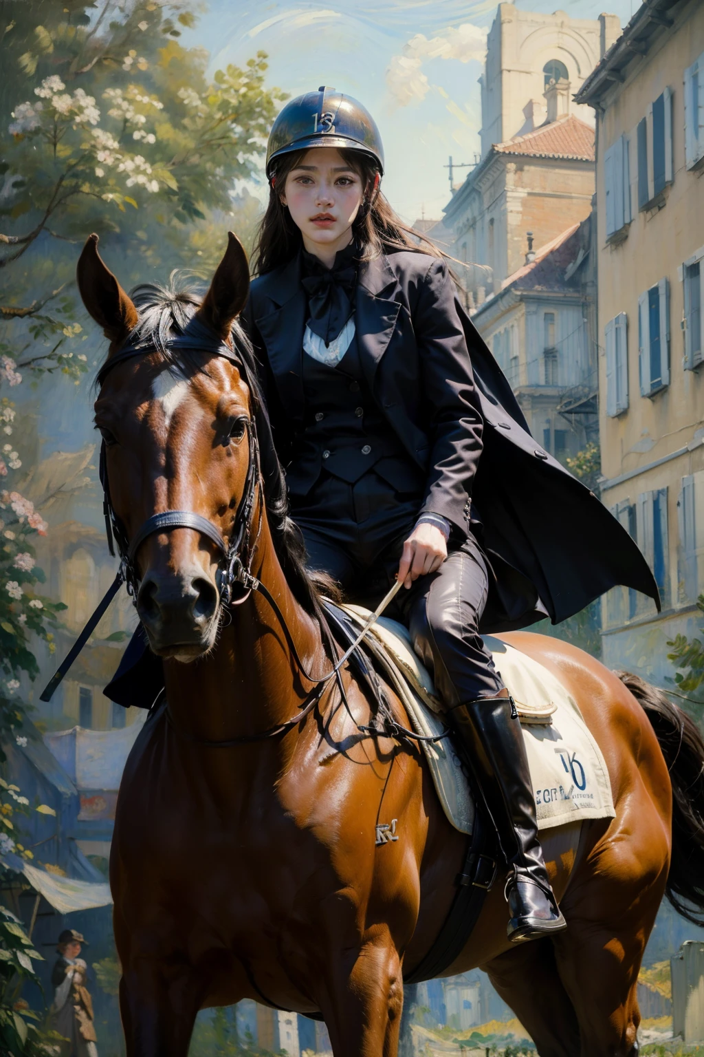 (8k, Highest quality, masterpiece),{Realistic, RAW Photos, Super Fine Clear, Portraiture, (Influenced by impressionist paintings:1.6)}, Equestrian competitions, Female Jockey, Black tailcoat, Riding helmet, White Culottes, Leather boots