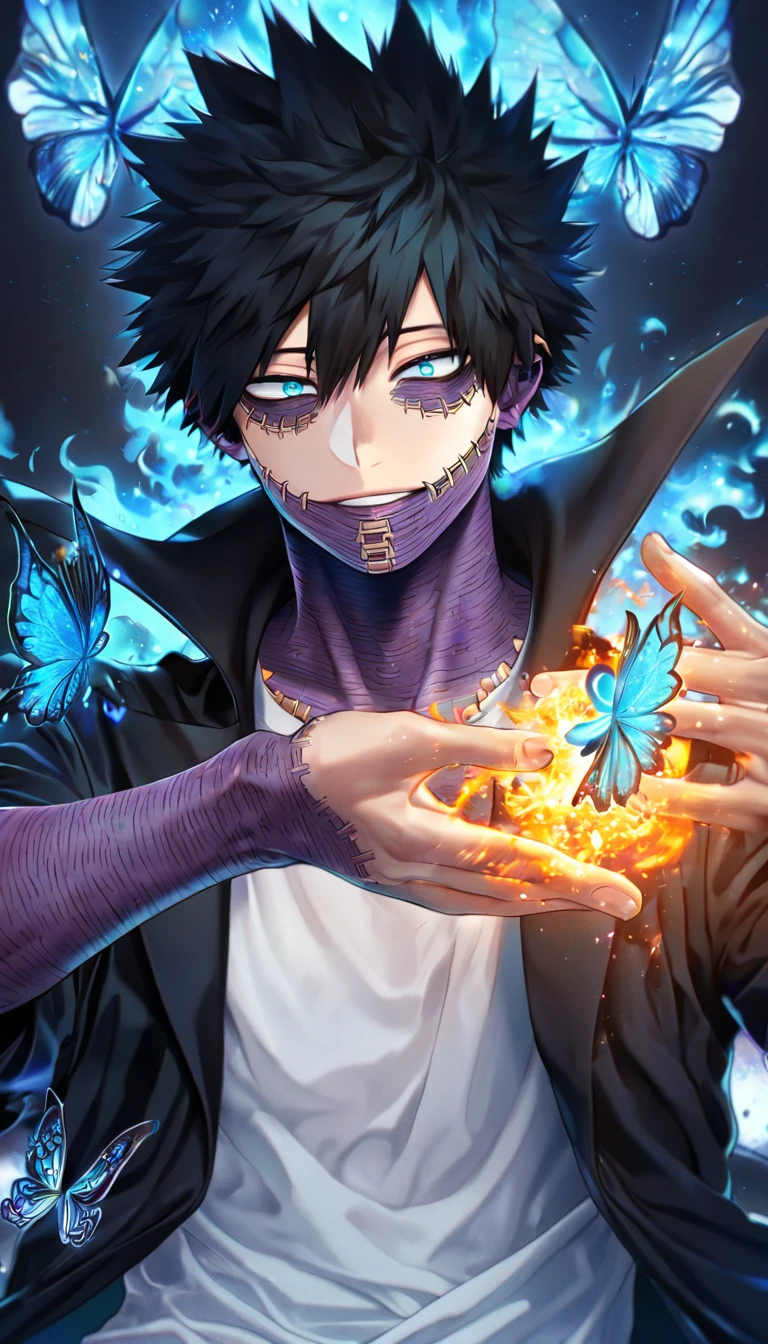 absurdres, highres, ultra detailed, HDR, master piece, best quality, extremely detailed face, delicated features, Dabi, black hair, expressive turquoise eyes, Boku No Hero Academia, solo, sexy man, handsome, black coat, white T-shirt, fantasy, magical, blue fire butterflies, fire flowers, blue fire, blue flames, blue flames in the background