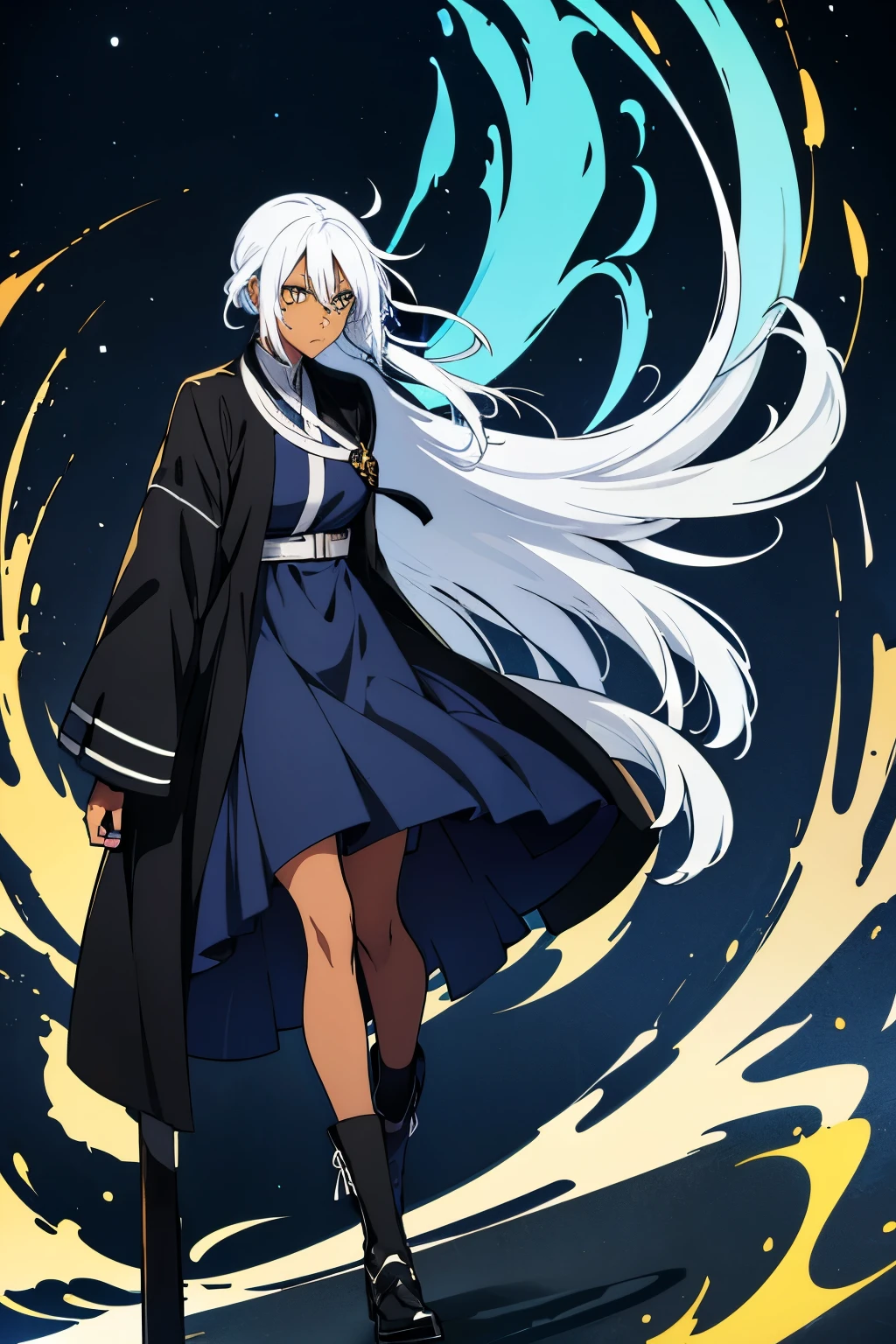 Dark skin, long bluish white hair, yellow eyes, black jacket, shoet indigo dress, in jujutsu kaisen art style