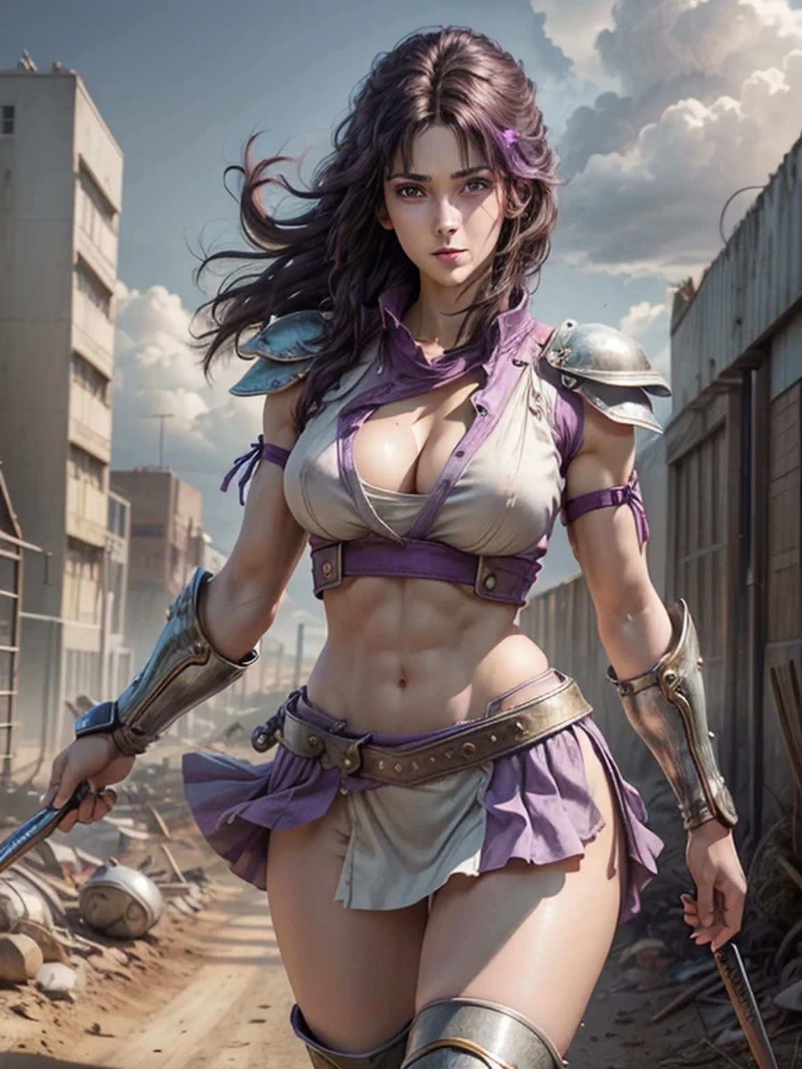 Fist of the North Star style, (Mamiya, muscular female, Light purple white shoulder guard, Shiny boots that reach the thighs), boots are navy blue, (Wearing a very short Flared miniskirt, Flared mini skirt are Light purple white, Light purple white short sleeve shirt, The shirt and skirt are made of the same material), 25 years old, Light purple white arm guard, Perfectly shaded body, Skin texture details, Muscular body details, (soft smiling:0.8), BREAKsexy pose, erotic body, Have a yo-yo, Sharp Eyes, pale blue eyes, (Bluish purple hair, Lightly wavy hair, Fluttering Hair, Lightly brush your hair up), firm big breasts, sexy thighs, fit and trained body with well defined muscles, long legged, muscular abdomen, Cleavage, warrior outfit, desolate wasteland, Well-formed face, slender, sensual, large breasts, (cool beauty), ruined world, threatening pose, A pretty woman with perfect figure, anime realism style, Accessories on the waist, devastating landscape, like a Mad Max, Light shines through the gaps in the clouds, Furrow one's brow, Dramatic art style, High heels, Highly detailed CG, (Perfect detail:1.1), high definition, high definition and beautiful, 8k wallpaper, natural soft lighting, HDR, Realistic Skin, Depth of written boundary, (masterpiece:1.2, Highest quality), (Detailed eyes and face:1.3), Sexy Body, sexy face, Clear facial features, The nipples are prominently, Partially visible panties, anime background art, The thighs are a little thick, overcast, Extremely finely detailed, 