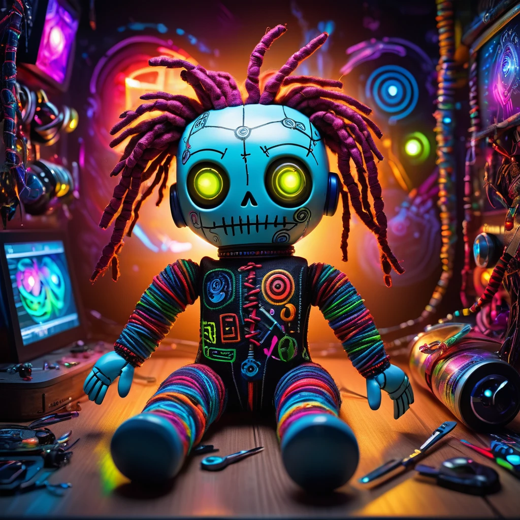 (knitted toy voodoo doll:1.7), (Cyber Voodoo Artist:1.3), (Clothing: creative attire with multicolored circuitry:1.0), (Accessories: enchanted digital paintbrush, glowing virtual canvas:1.2), (background: futuristic art studio with floating, holographic artworks and mystical light:1.2), best quality, masterpiece, detailed soft oil painting, detailed background, dramatic cinematic lighting, soft edge lighting, professional, dramatic lighting, hard edge lighting, ultra quality, 4k,masterpiece, best quality, 8k, ultra highres, highres, extremely detailed