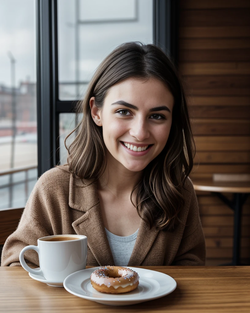 a girl eating a donut, photorealistic, highly detailed, intricate details, 1girl, beautiful girl, delicious donut, bright lighting, warm colors, glowing skin, shiny hair, detailed facial features, cute expression, smiling, sweet, relaxed, comfortable setting, cozy cafe, wooden table, plaid tablecloth, ambient background, detailed texture, realistic rendering, ultra-detailed, 8k, masterpiece, hyper-realistic, cinematic lighting
