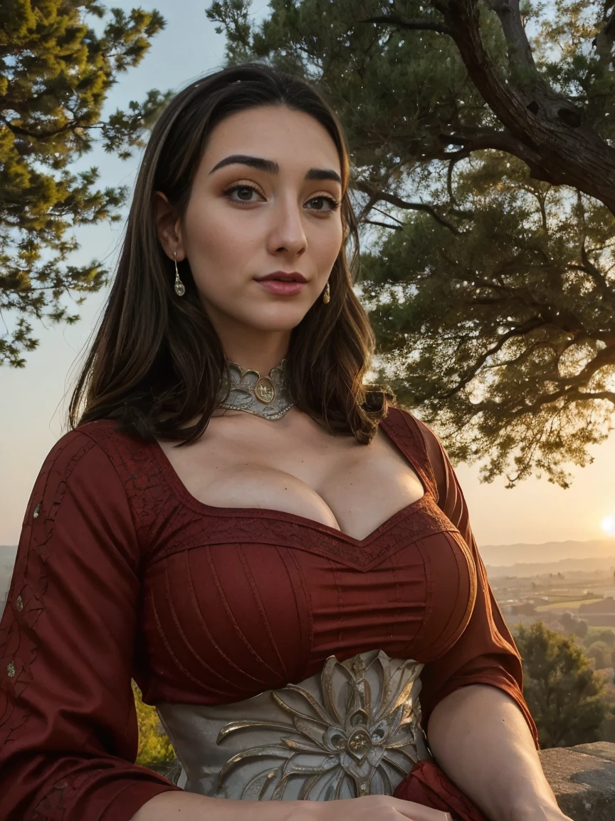 Beautiful and regal, imperious and aloof, busty athletic (thin) brunette queen with sharp facial features wearing a modest updo, dark red medieval dress, long sleeves, intricate patterns, embroidery, wide neck, crown, veil, long dress, modest dress, tight bodice, silver (waist chain), medieval jewelry, Middle Ages, castle, rampart, wall, exterior, on top of a castle wall, trees, countryside, evening, sunset.
