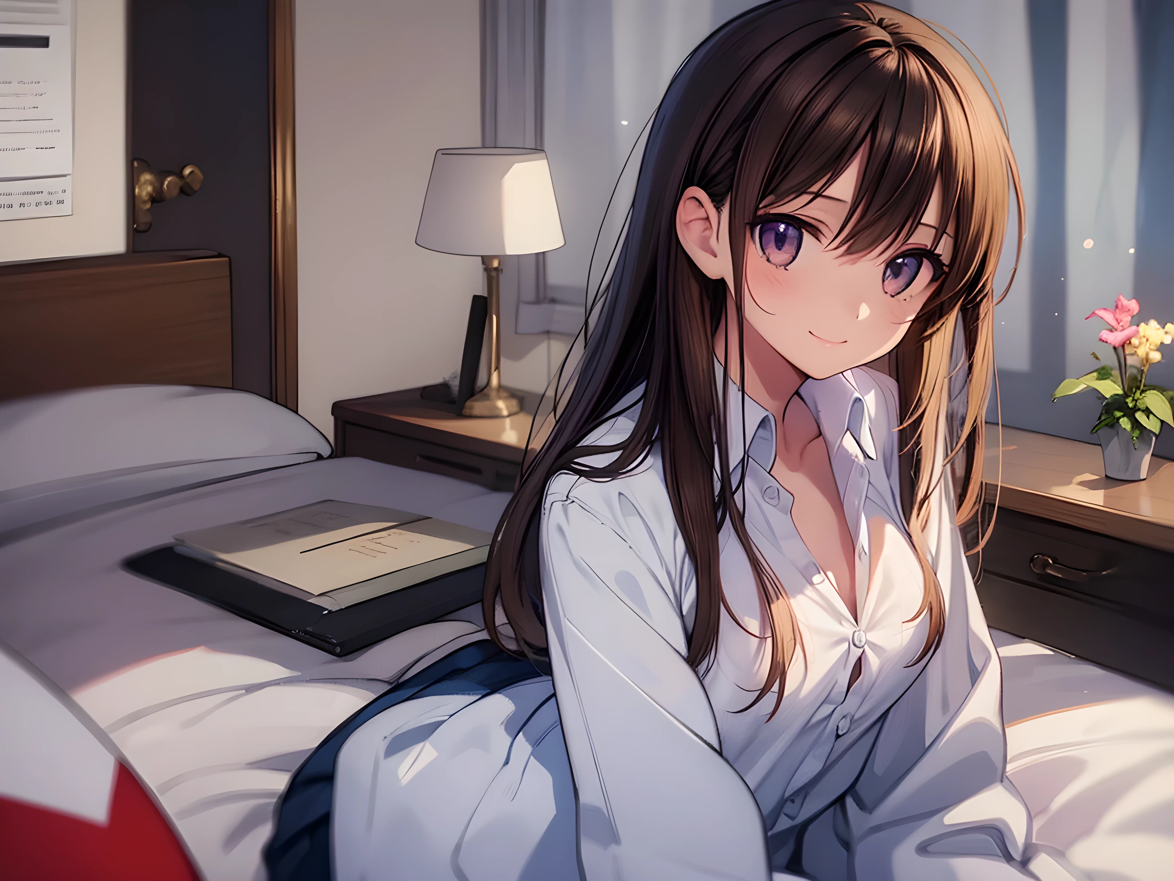 (masterpiece, best quality), realistic anime art style, 1 girl, Fair-skinned, dark brown hair, droopy eyes, (large breast:0.6), dark brown hair, droopy eyes, smile, standing, tight-fitting white button shirt, panty, from side, look at viewer, bed room, at night, backlit