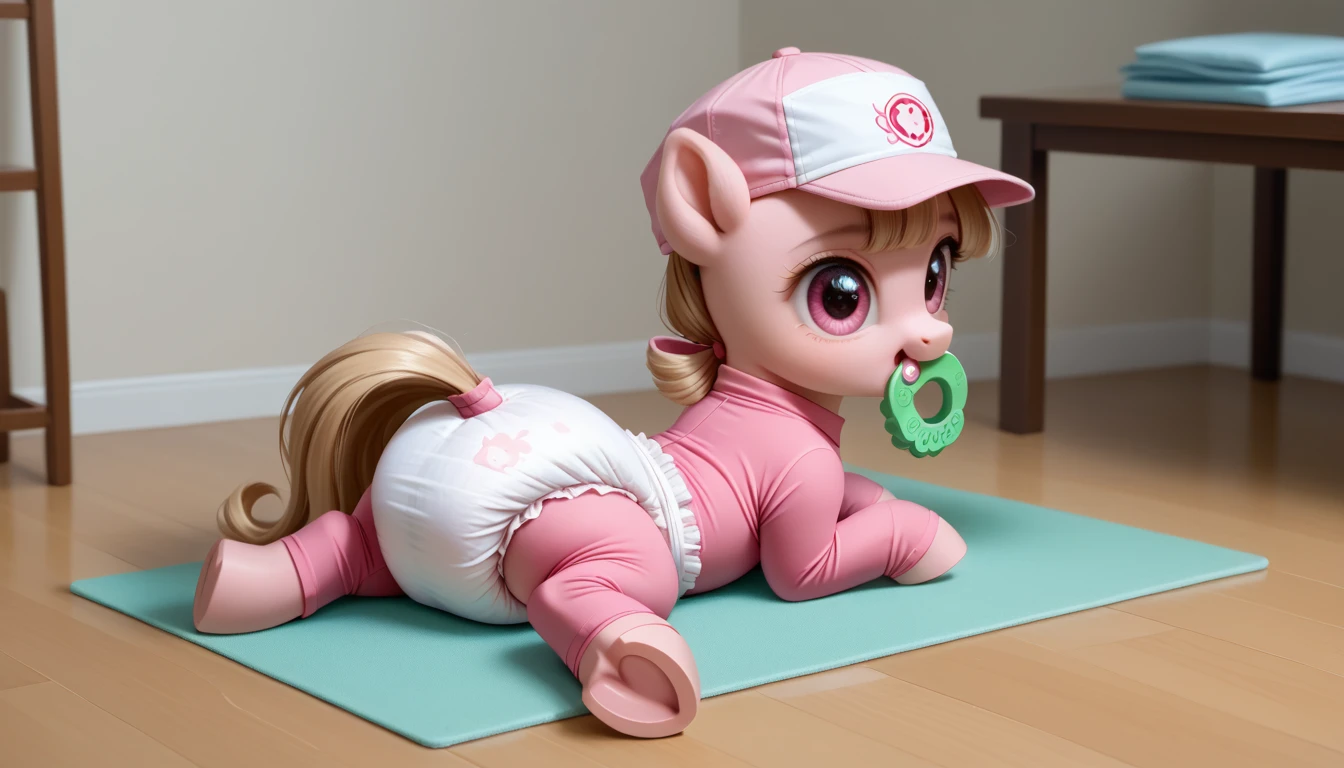 pony, light caramel unicorn, adult filly, sits on a soft player mat, rear hooves set wide apart, wearing a pink bodysuit, adult size pink foal cap and adult size pink foal booties, pink pacifier in mouth, solo, holding a green rattle in his hoof, вокруг pony кубики на полу, thick diaper under clothes.