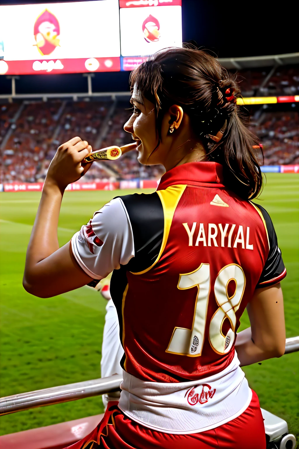 "A 26-year-old cricket enthusiast, wearing a red Royal Challengers Bangalore (RCB) jersey with the number 18 printed on the back, cheers enthusiastically while watching a live match at a stadium. The jersey also has the name 'Ganesh Yarakal' printed above the number, showcasing the fan's name and favorite team spirit."