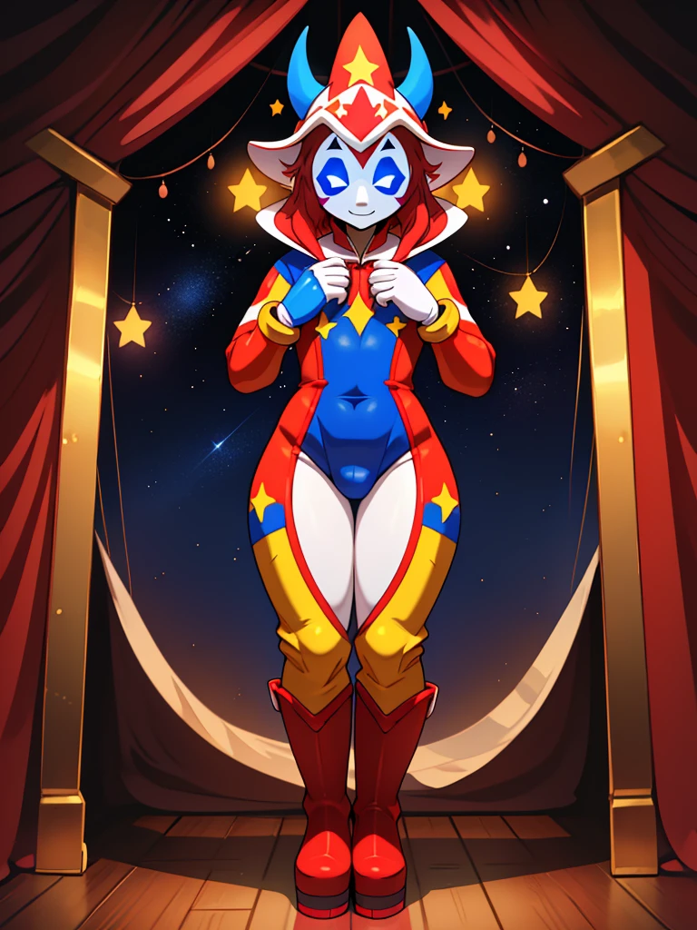 best quality, ultra-detailed, best illustration, masterpiece, high res (1boy:1.3), ((crossdresser)), (((1boy)))), (((solo))), ((((alone)))), ((long red hair)), ((fully enclosed smiling white jester helmet)), ((blue glowing eyes)), ((jester hat)), (((faceless))), (((no face))), (((hidden face))), ((((brown skin)))), wide hips, narrow waist, thick thighs, standing in a circus tent, ((flat chest)), (((full body skin tight colourful(white blue red yellow) jester suit with star decals))), (red boots), white gloves, ((tall))