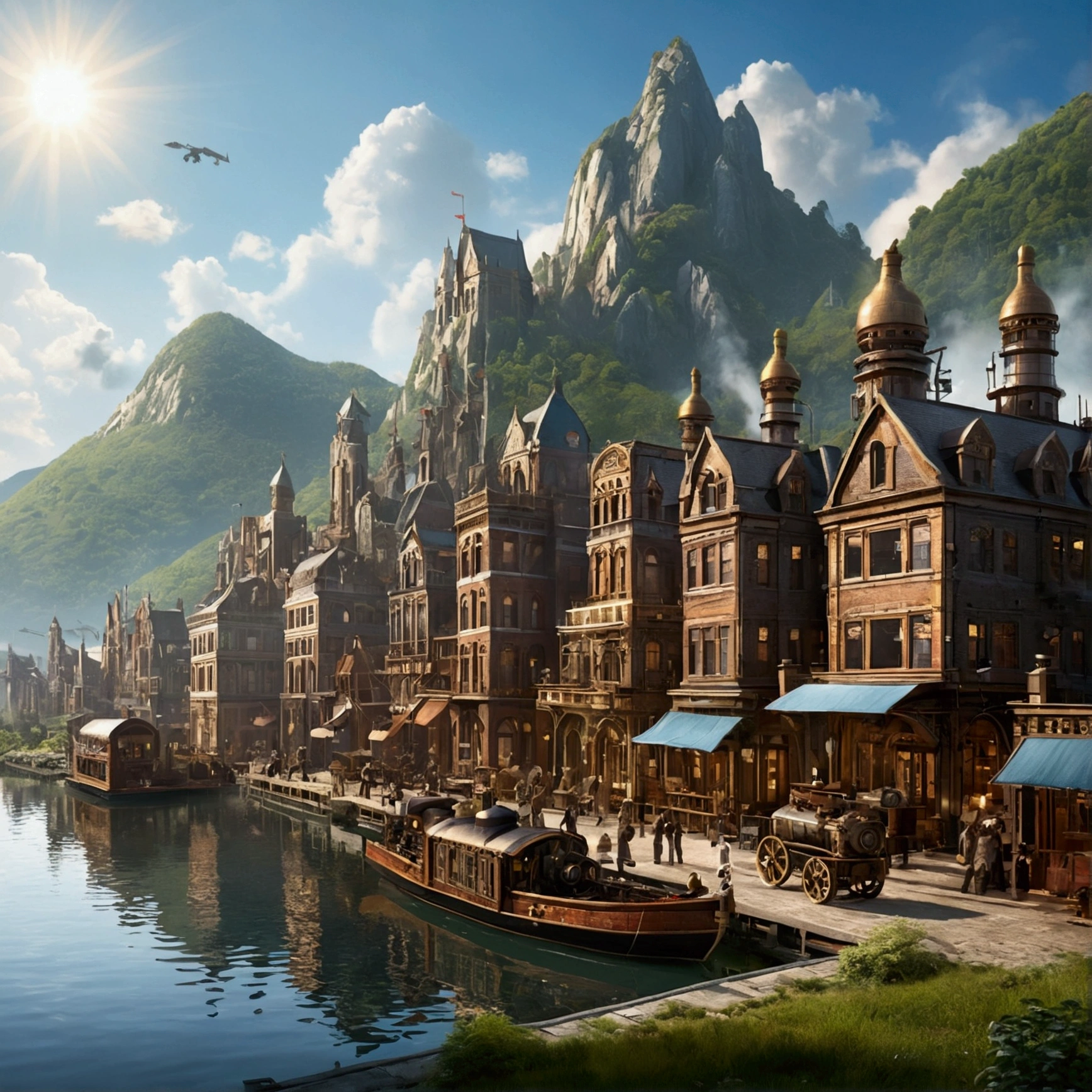 Mountainous Regions、Lakeside、Large space、High Sky、sun、Shining Light、Machine City、Steampunk element、Victorian city atmosphere、Clear lake、Rural、