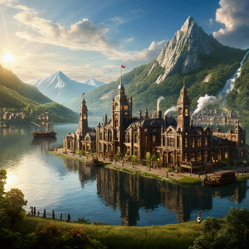Mountainous Regions、Lakeside、Large space、High Sky、sun、Shining Light、Machine City、Steampunk element、Victorian city atmosphere、Clear lake、Rural、