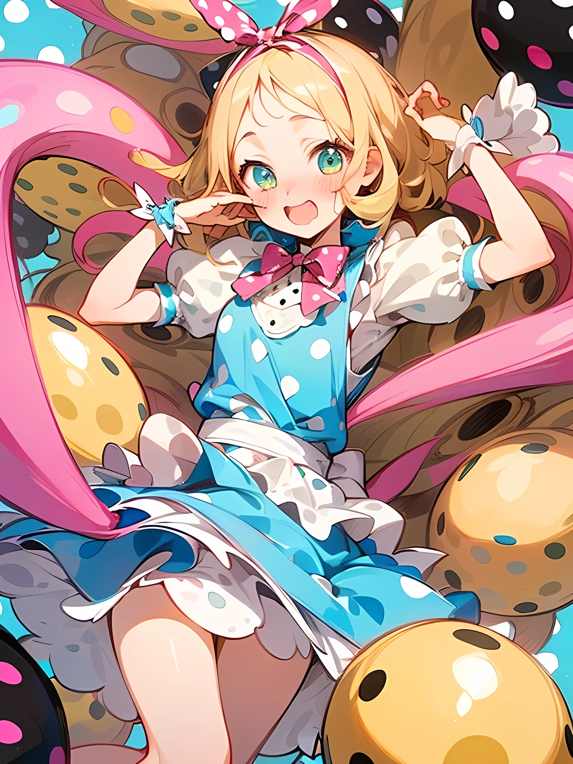 ((Alice in Wonderland:1.3)),straight thin white curly hair,big forehead,((A vibrant and lively background:1.2)),(Pop and cute black polka dot pattern:1.45)),((You are the main character!:1.2)),((Beautiful images:1.15)),((high quality:1.15)),((Perfect graphics:1.15)),(((girl、Lady:1.2))),Big smile,(blush、Embarrassed laugh:1.25),(white、pink、cream、black、yellow)
