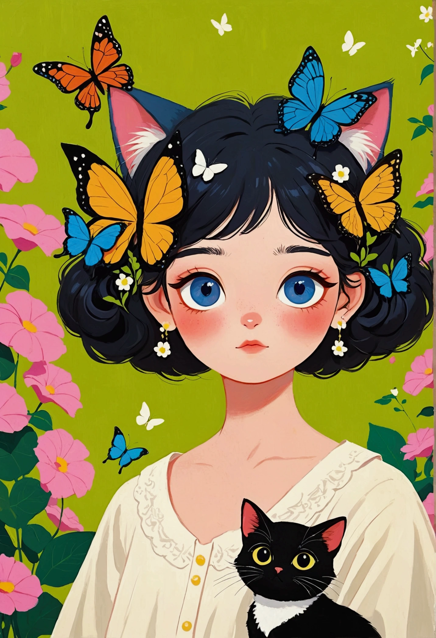 There is a cat,There are butterflies on the head,Background, Cute numbers, Cute numbers艺术, Lovely and detailed digital art, Lovely detailed artwork, Animated visual of cute cats, Ni Duan, Very beautiful and cute cat girl, Kawaii cat, A beautiful artistic illustration, By Ryan Yee, Fantasy Animals Cute Eyes, Inspired by Lois Dodd, Inspired by Felix Vallotton (Félix Vallotton), Elegant Numbers, Inspired by Esteban Vicente (Stephen Vincent),