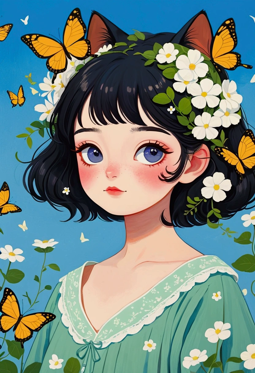 There is a cat，There are butterflies on the head，Background, Cute numbers, Cute numbers艺术, Lovely and detailed digital art, Lovely detailed artwork, Animated visual of cute cats, Ni Duan, Very beautiful and cute cat girl, Kawaii cat, A beautiful artistic illustration, By Ryan Yee, Fantasy Animals Cute Eyes, Inspired by Lois Dodd, Inspired by Felix Vallotton (Félix Vallotton), Elegant Numbers, Inspired by Esteban Vicente (Stephen Vincent),