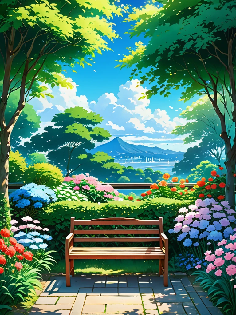 a painting of a garden with flowers and a bench, anime beautiful peace scene, anime scenery, anime landscape, anime. by makoto shinkai, anime nature wallpap, studio glibly makoto shinkai, makoto shinkai and (cain kuga), by makoto shinkai, by Makoto Shinkai, anime landscape wallpaper,  4k hd, beautiful art uhd 4 k, a beautiful artwork illustration, beautiful digital painting, highly detailed digital painting, beautiful digital artwork, detailed painting 4 k, very detailed digital painting, rich picturesque colors, gorgeous digital painting