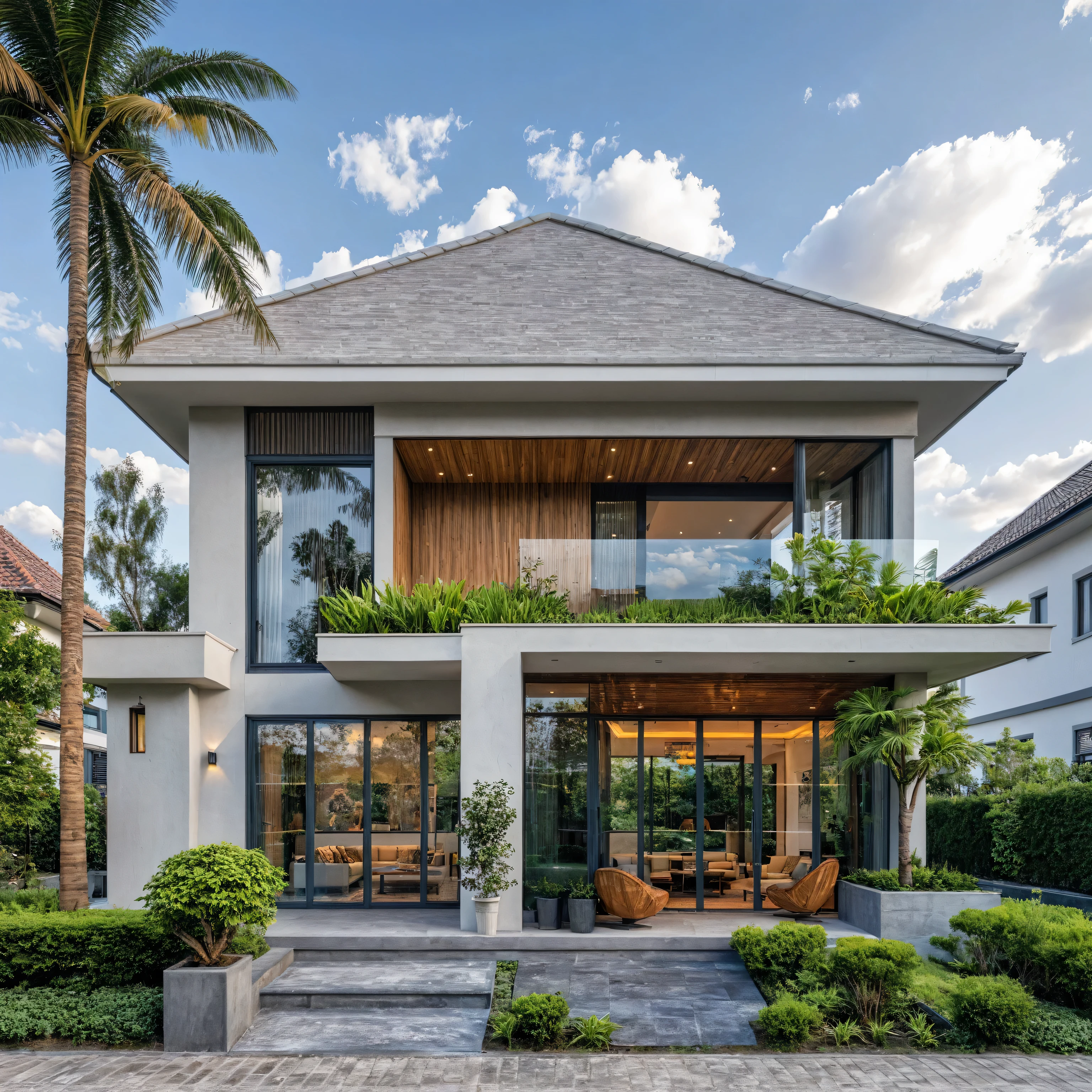 Masterpiece, high quality, best quality, authentic, super detail, outdoors, onestoreyvillaXL, aiaigroup, house style modern on the street ,stairs, white wall ,road,pavement, grass, trees, sky, cloud, (daylight:1.1)