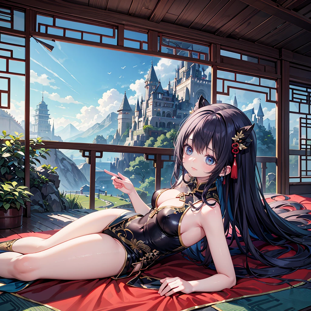 solo, 1 beautiful girl wearing chinese fantasy clothes, lying on back pose, stunning beautyful nature fantasy world background, panorama view