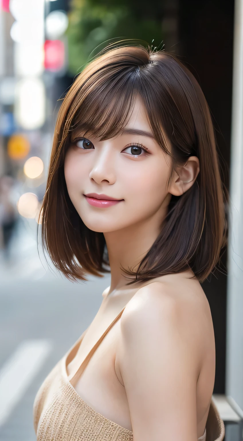 (Highest quality,8K quality,masterpiece:1.3,),(Ultra-high resolution:1.3,Realistic:1.4,RAW Photos:1.2),(Very detailed:1.2,Glowing Skin,Detailed skin:1.1),(Detailed face,Perfect Anatomy,Caustics:1.2), (Symmetrical eyes:1.3),1 girl,cute,Japanese,22 years old,Japanese Ido,Natural brown hair,Short Bob,cute目,Natural Makeup,Laughter,Looking into the camera,On the face,Face Focus,Street Corner,Professional Writing,Natural soft light,nsfw,naked