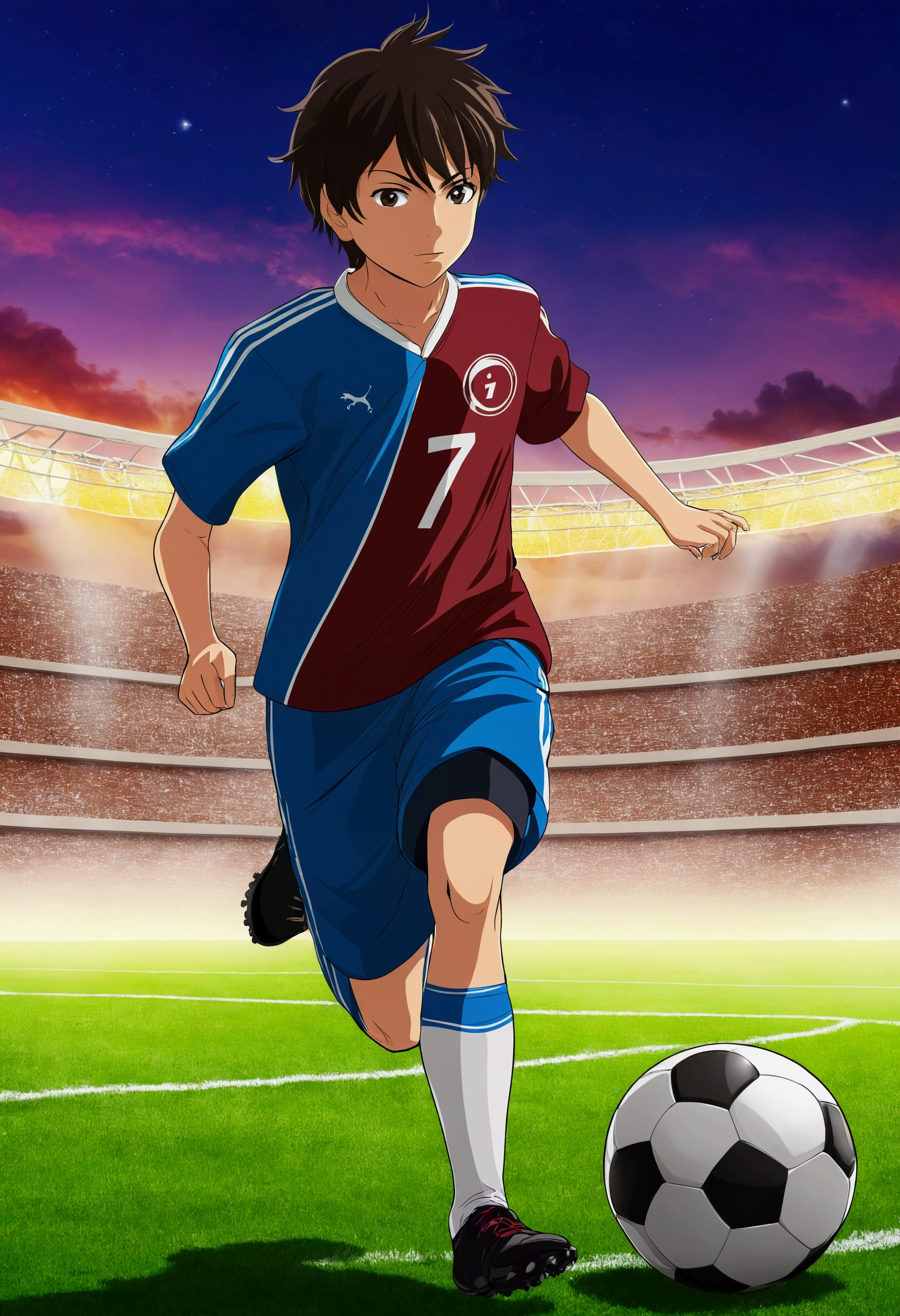 A anime type boy playing football his jarsi number is 7 and name is PIYAS