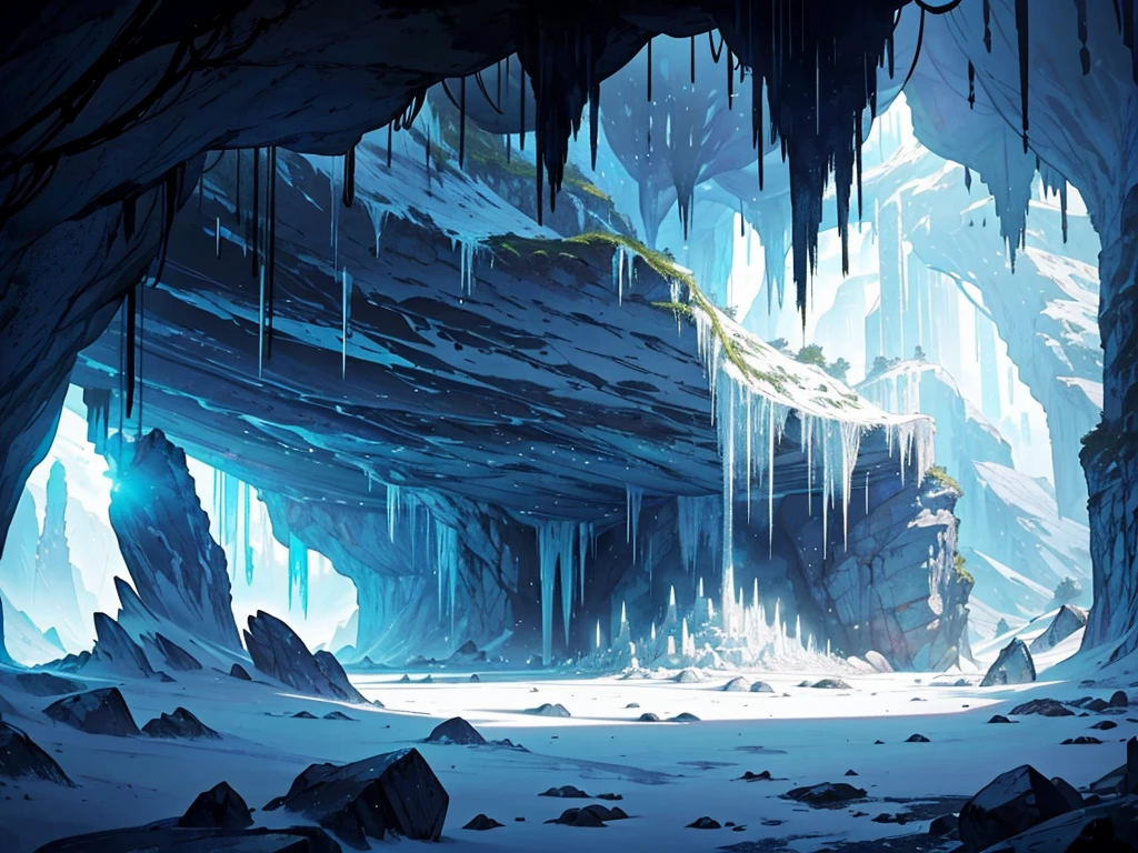 a large white crystal in a cave, with stalactites and stalagmites, in a D&D-like setting, with a secret passage to another dimension and the crystal glowing with a soft light in a more distant oriental style, with magic around the crystal and in an RPG