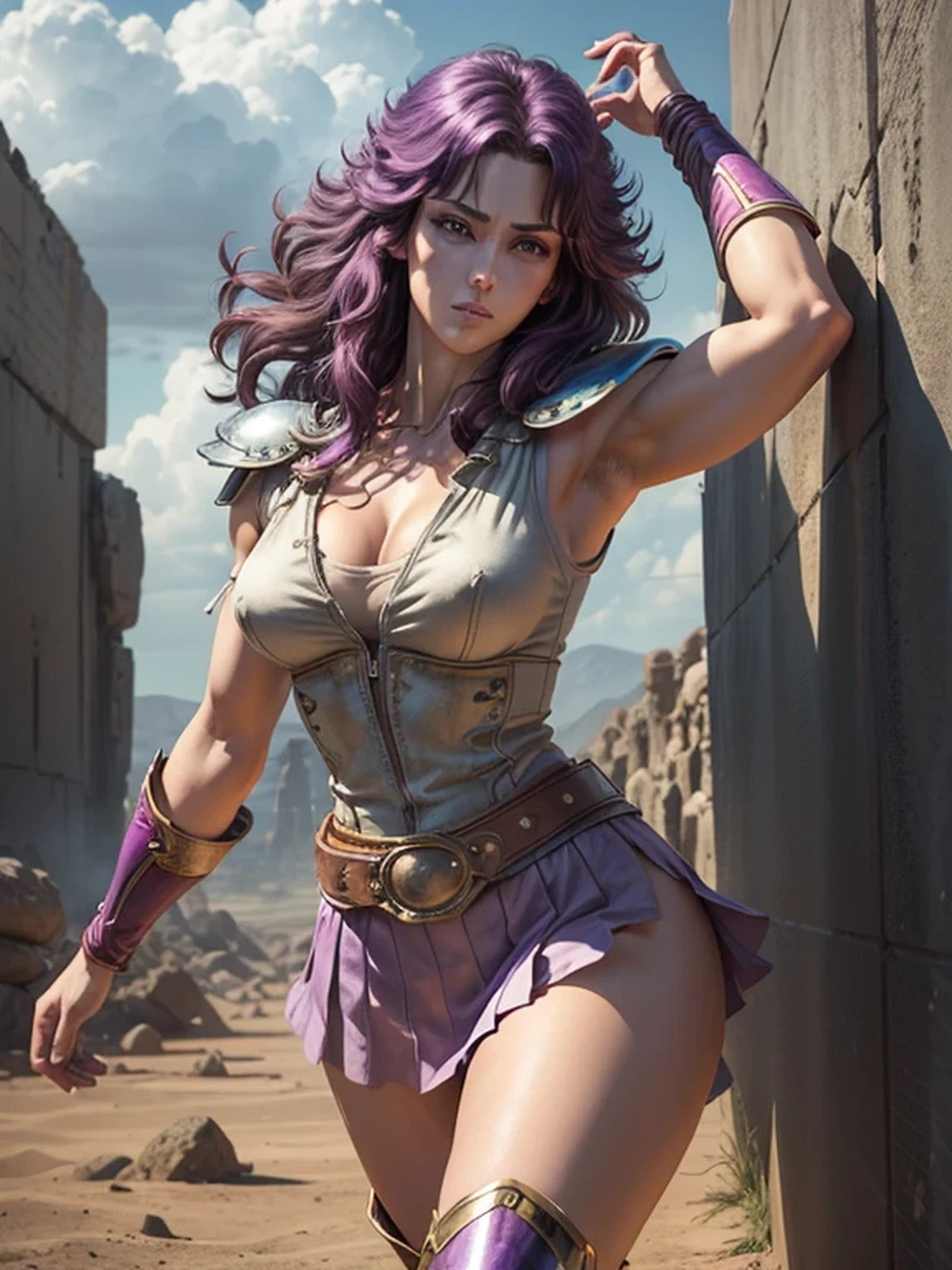 Fist of the North Star style, (Mamiya, muscular female, Light purple white shoulder guard, Shiny boots that reach the thighs), boots are navy blue, (Wearing a very short Flared miniskirt, Flared mini skirt are Light purple white, Light purple white short sleeve shirt, The shirt and skirt are made of the same material), 25 years old, Light purple white arm guard, Perfectly shaded body, Skin texture details, Muscular body details, (soft smiling:0.8), BREAKsexy pose, erotic body, Have a yo-yo, Sharp Eyes, pale blue eyes, (Bluish purple hair, Lightly wavy hair, Fluttering Hair, Lightly brush your hair up), firm big breasts, sexy thighs, fit and trained body with well defined muscles, long legged, muscular abdomen, Cleavage, warrior outfit, desolate wasteland, Well-formed face, slender, sensual, large breasts, (cool beauty), ruined world, threatening pose, A pretty woman with perfect figure, anime realism style, Accessories on the waist, devastating landscape, like a Mad Max, Light shines through the gaps in the clouds, Furrow one's brow, Dramatic art style, High heels, Highly detailed CG, (Perfect detail:1.1), high definition, high definition and beautiful, 8k wallpaper, natural soft lighting, HDR, Realistic Skin, Depth of written boundary, (masterpiece:1.2, Highest quality), (Detailed eyes and face:1.3), Sexy Body, sexy face, Clear facial features, The nipples are prominently, Partially visible panties, anime background art, The thighs are a little thick, overcast, Extremely finely detailed, 