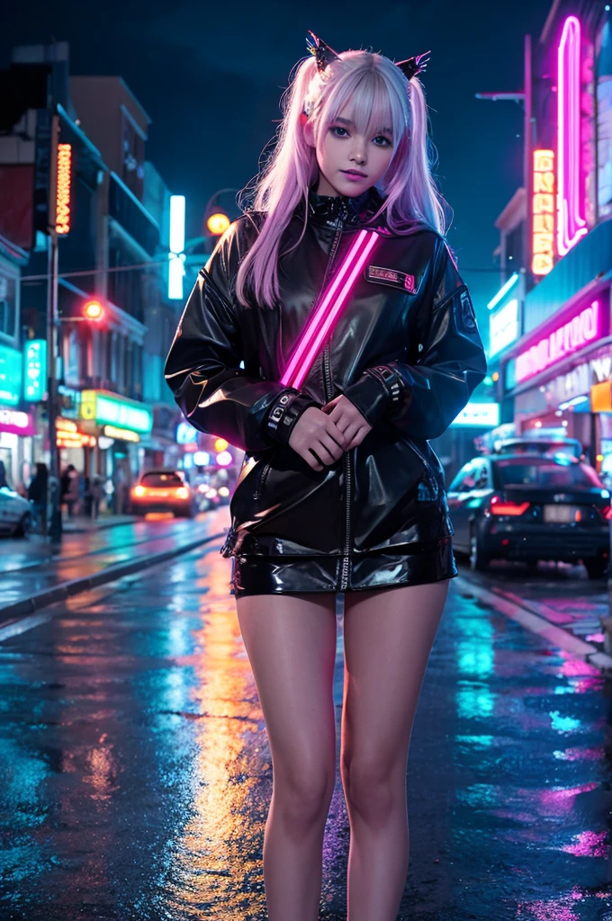 night　　Neon Town　cyber-　beautiful girl　Harley
　rain