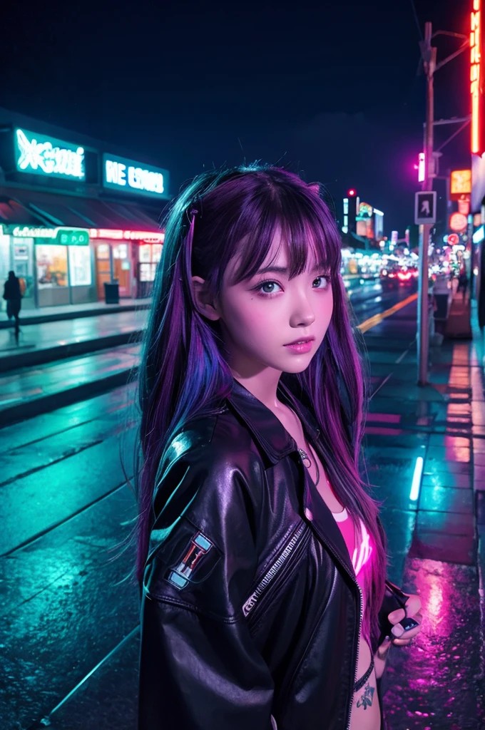 night　　Neon Town　cyber-　beautiful girl　Harley
　rain