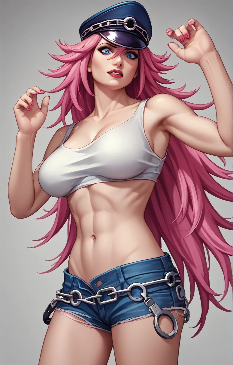 score_9, score_8_up, score_7_up, masterpiece, high quality 1girl, pink long hair, nail polish, poison, white crop top, extra huge tits, denim shorts, long hair, (face focus:1), blue eyes, ultra-detailed, masterpiece, highest quality, detailed eyes, hat, big breasts, standing confidently, evil smirk, naughty expression, slutty expression, scared, putting her hands up, surprised and shocked expression, scared expression, looking in fear, putting her hands up, side hangle