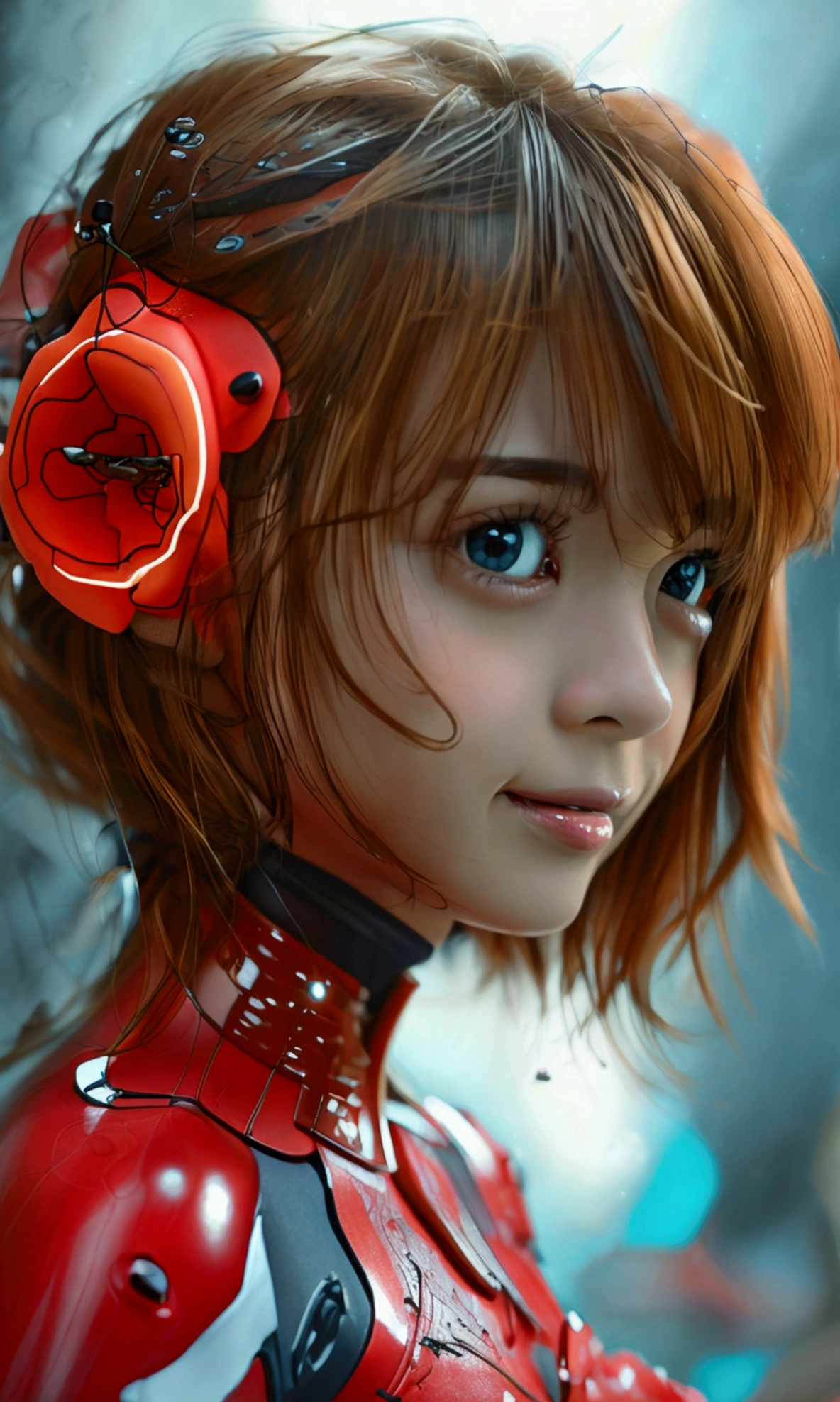 masterpiece, ((Very detailed background, Delicate pattern, Intricate details)), (Very detailed, Finer details), Highest quality, Beautiful lighting, ((Slim girl)), (High resolution:1.5),(practical:1.5),(reality:1.5), Not anime, 8k, realistic, High resolution, Clear photos, whole body, Head-to-foot image, Souryuu_Asuka_Langley, ((Bodysuits, red, shiny like rubber)), One Girl, (Interface headset, red, shiny like rubber), light brown Hair, Long Hair, Hair between the eyes, Blue eyes, smile, (Complex and detailed background, urban city, Modern Buildings, outside, Modern environment)