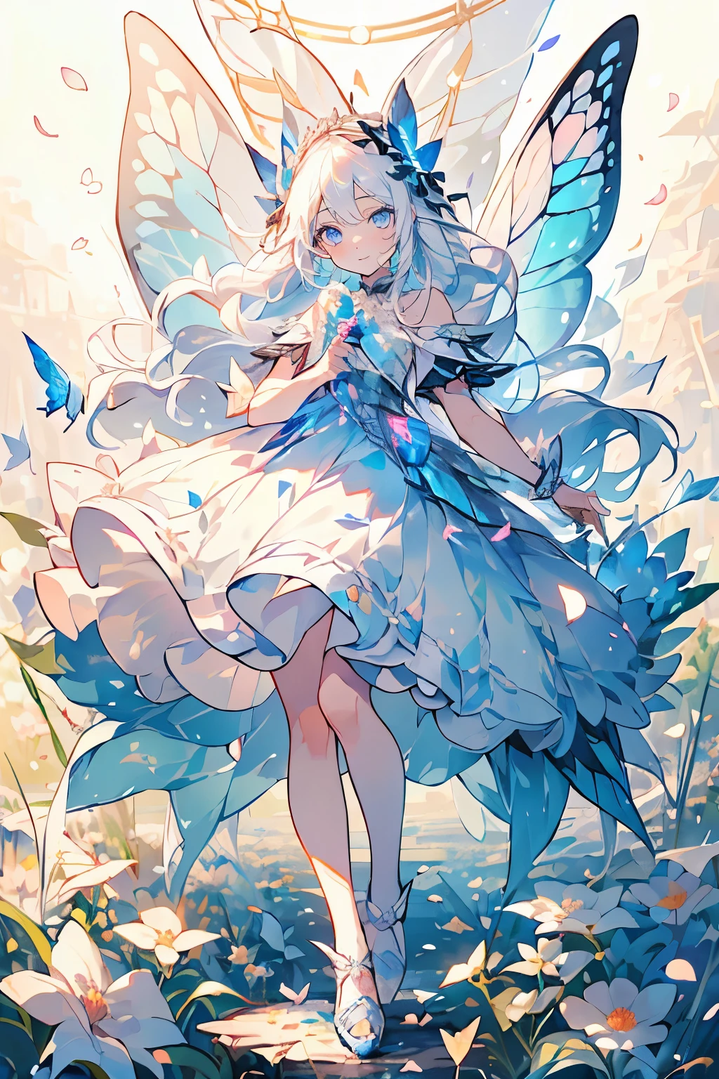 (Mastepiece), (Best Quality), Very detailed, 1 girl, Solo full body shot, Perfect Face, beautiful girl, Very detailedな顔，(Long white hair:1.5)，(blue eyes:1.4)，(Lots of butterflies々:1.2)、(Flower Field:1.4)、(Lots of petals:1.3)、(gem:1.3)、(smile:1.3)