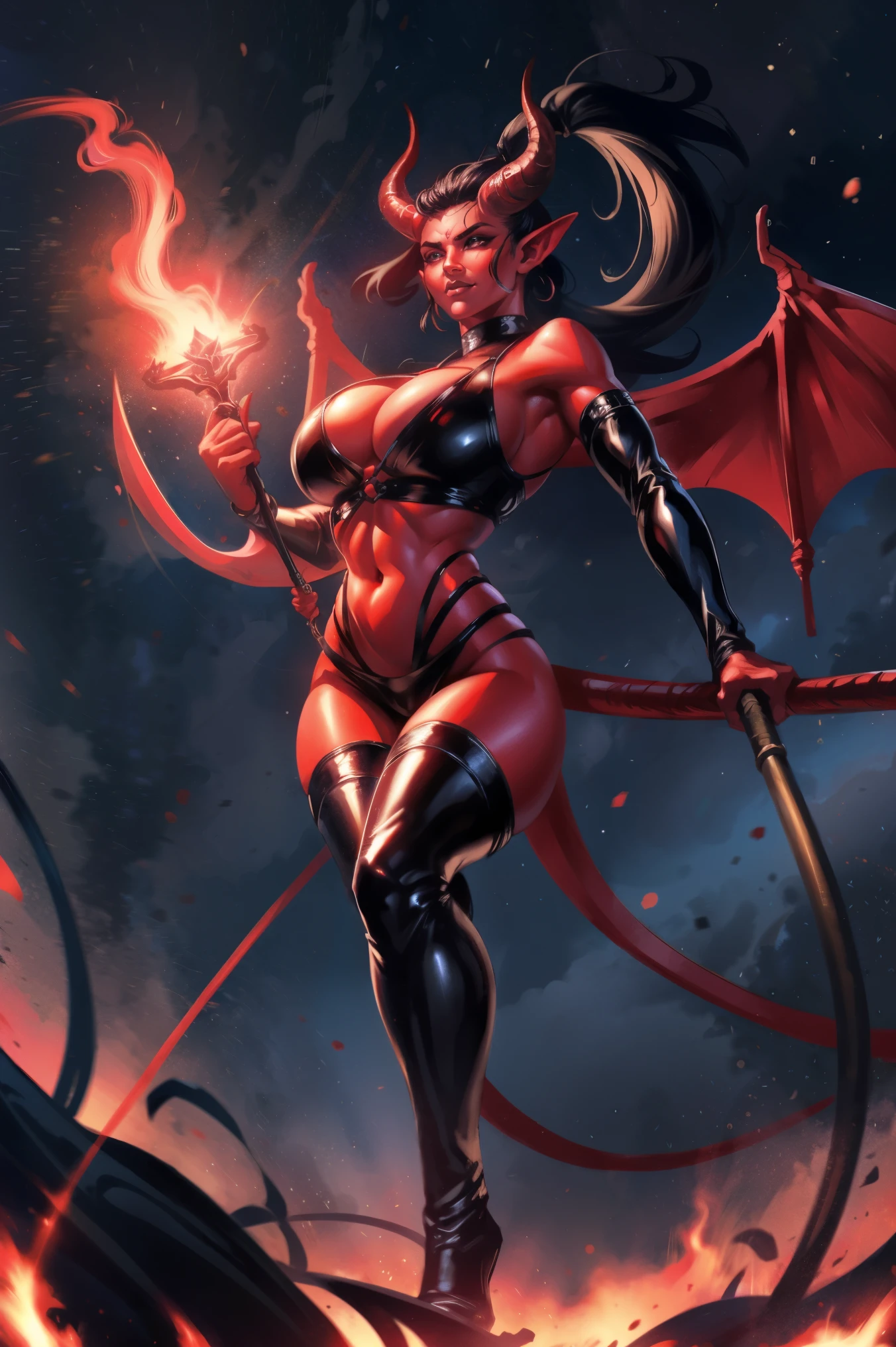 Red skin succubus tiefling, cleavage, black horns, wings, huge tail, black leather, crop top, long flowing pelvic curtain, tall, toned, graceful, thin, long black ponytail. Action scene, whip. Dark scene, explosions, night sky.