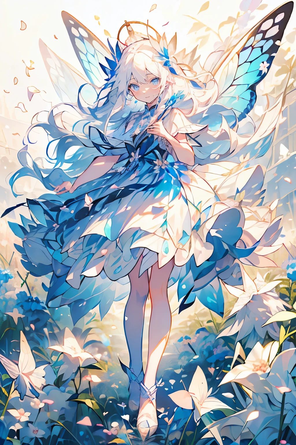 (Mastepiece), (Best Quality), Very detailed, 1 girl, Solo full body shot, Perfect Face, beautiful girl, Very detailedな顔，(Long white hair:1.5)，(blue eyes:1.4)，(Lots of butterflies々:1.2)、(Flower Field:1.4)、(Lots of petals:1.3)、(gem:1.3)、(smile:1.3)