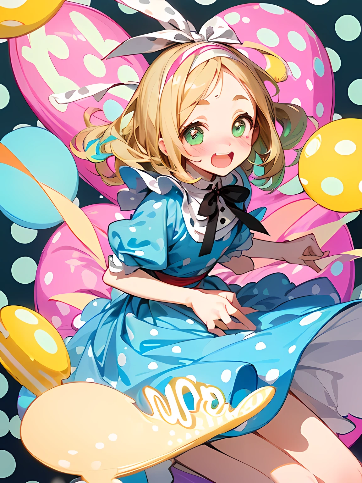 ((Alice in Wonderland:1.3)),straight thin purple wavy hair,big forehead,((A vibrant and lively background:1.2)),(Pop and cute black polka dot pattern:1.45)),((You are the main character！:1.2)),((Beautiful images:1.15)),((high quality:1.15)),((Perfect graphics:1.15)),(((girl、Lady:1.2))),Big smile,(blush、Embarrassed laugh:1.25),(white、pink、cream、black、yellow)