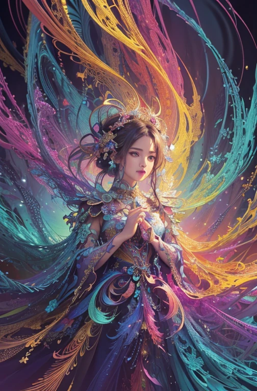 (masterpiece, Highest quality, Highest quality, Official Art, beautifully、aesthetic:1.2), (One girl:1.3), Very detailed,(Fractal Art:1.2),colorful,Most detailed,(Tangled:1.2), (Dynamic pose), (Abstract background:1.5), (Traditional Costume:1.2), (Glowing Skin), (Many colors:1.4), Upper Body