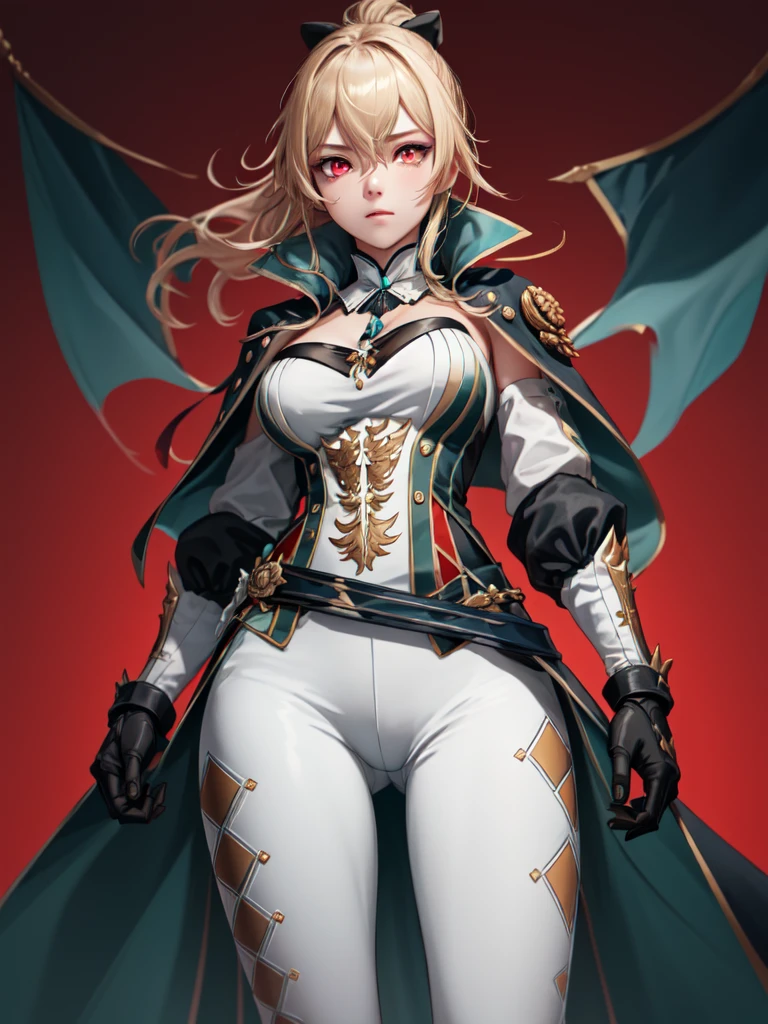 1girl, solo, jeandef, large breasts, thighs, crotch, standing, (glowing red eyes), (from below view), red background